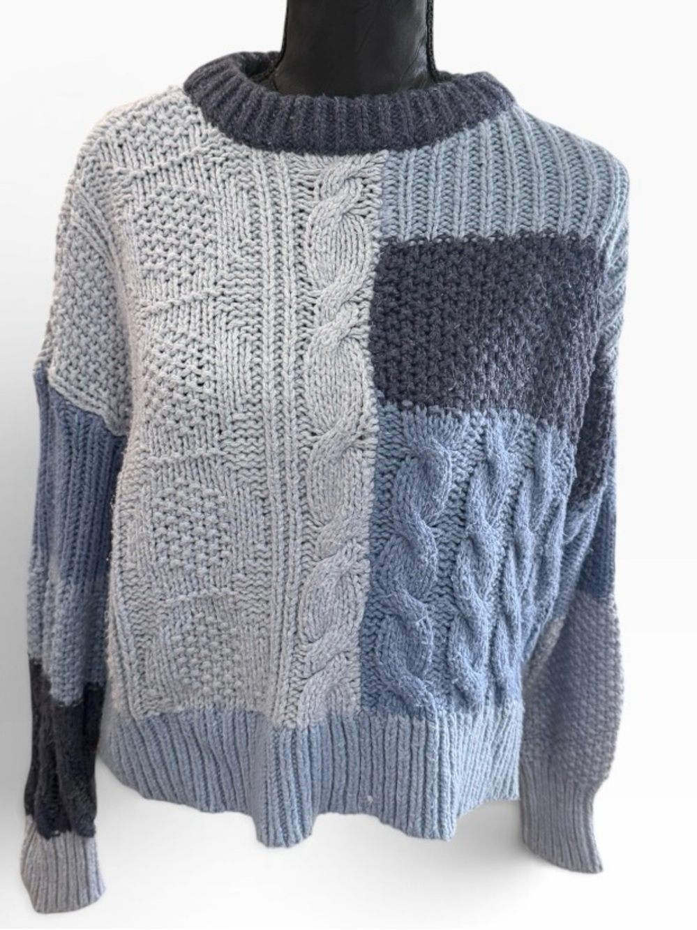 Aerie Blue Gray Patchwork Cable Knit Sweater Medium